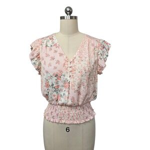 Joie Floral Patchwork Short Sleeve Smocked Waist V Neck Blouse Top Small Petite